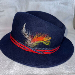 Vintage Geo W Bollman & Co Doeskin Felt 100% Wool Navy Blue Hat w/Feather Design